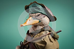 sad duck dressed as a hunter created with Generative AI technology