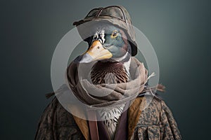 sad duck dressed as a hunter created with Generative AI technology