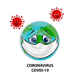 Sad Earth with medical mask fights against coronavirus.