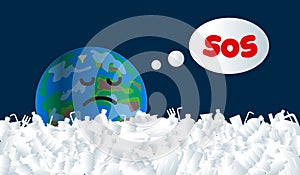 Sad earth planet character says sos in large plastic waste heap. global pollution problem concept