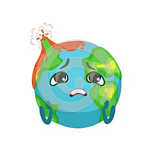 Sad Earth planet character with volcanoes erupting, cute globe with face and hands vector Illustration