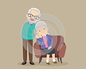 Sad elderly woman sitting on sofa