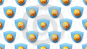 Sad emoji on face mask. Many medical masks to cover mouth and nose for protection from virus. Health care concept. 4k