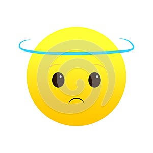 Sad emoji with halo. Innocent, remorseful face. Cute angelic expression. Vector illustration. EPS 10.