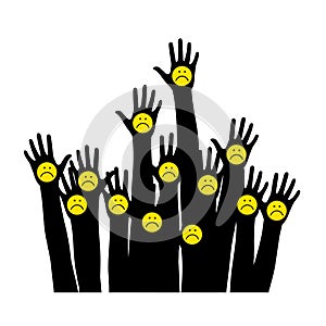 Sad emoticon hands in the air, black hand silhouette on white background.