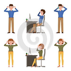 Sad, exhausted, miserable office boy and girl vector illustration. Standing unhappily, upset man and woman character