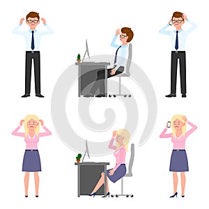 Sad, exhausted, miserable office boy, girl vector. Standing unhappily, talking on phone, depressed man, woman cartoon character