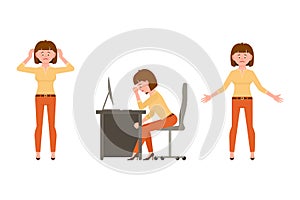 Sad, exhausted, miserable office lady in orange pants vector illustration