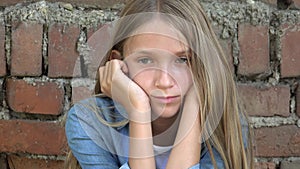 Sad Face Kid Unhappy Child, Thoughtful Bullied Teenager Girl in Park, Children Expression Sadness, Adolescents Depression Portrait