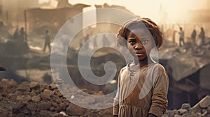 A sad face of a little African girl standing in front of collapse buildings area, natural disaster or war victim