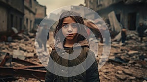 A sad face of a little Turkish girl standing in front of collapse buildings area, natural disaster or war victim