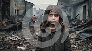 A sad face of a little Turkish girl standing in front of collapse buildings area, natural disaster or war victim