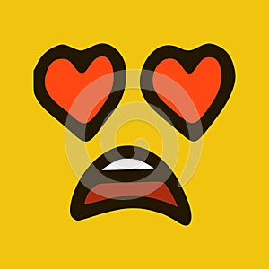 Sad Face in love emoticon in doodle style yellow background