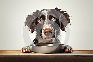 a sad-faced dog leaning on a wooden table with an empty metal dog food bowl between his paws, dog looks at his owner with hungry