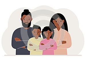 A sad family of mom dad and two children. Concept of family problems, psychological help or conflict.