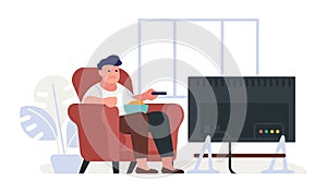 Sad fat guy watching TV and eating. Lazy man sitting in armchair in front of TV screen. Film television showing in