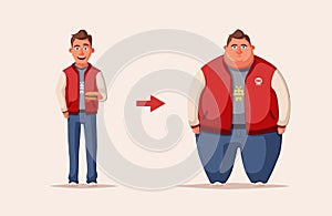 Sad fat man. Obese character. Fatboy. Cartoon vector illustration.