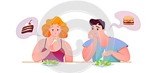Sad fat people eat green salad, dreaming of unhealthy food