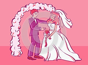 Sad fiancee cry, bridegroom tries to comfort her. Cartoon style illustration