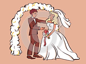 Sad fiancee cry, bridegroom tries to comfort her. Cartoon style vector illustration