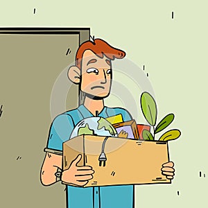 Sad fired man with box full of items. Illustration in doodle cartoon style