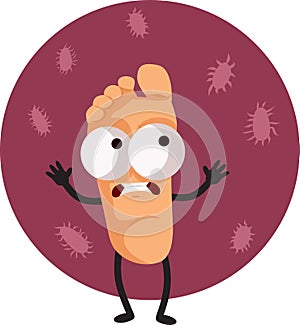 Sad Foot Character Surrounded by Bacteria Vector Cartoon