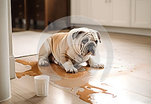 Sad french bulldog lying on wooden floor with spilled beverage