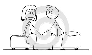 Sad or Frustrated Couple of Man and Woman with Problem Sitting on Bed , Vector Cartoon Stick Figure Illustration