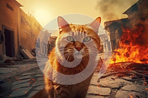 Sad ginger cat fear pain eyes on burning street background. Generate ai