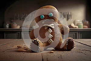 Sad gingerbread man on dark kitchen table. Generative AI