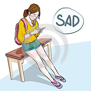 Sad girl chat on mobile sitting on seat