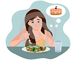 A sad girl eats a salad and dreams of a cake. The concept of dietetics and healthy eating. Illustration,vector photo