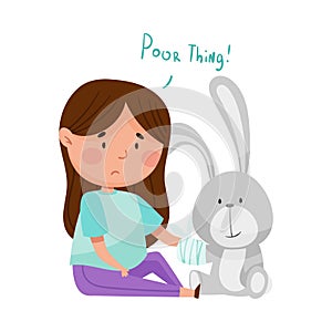 Sad Girl Feeling Pity about Fluffy Hare Toy with Bandaged Paw Vector Illustration