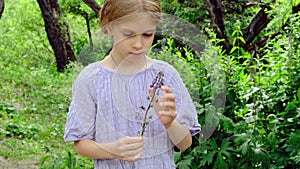 A sad girl looks at a flower plucked by her in the middle of the forest.