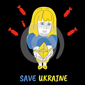 Sad girl with origami crane under flying missile bombs, children pray for a peaceful sky in Ukraine. Save Ukraine script,