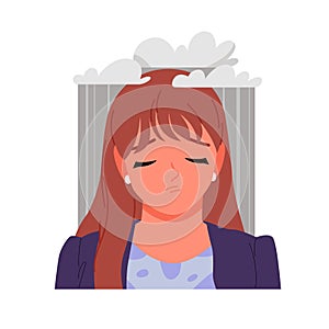 Sad girl with rain clouds above head, depressed lonely teenager with grief, loneliness