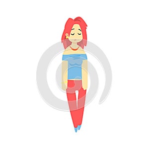 Sad Girl With Red Hair Walking Feeling Blue, Part Of Depressed Female Cartoon Characters Series