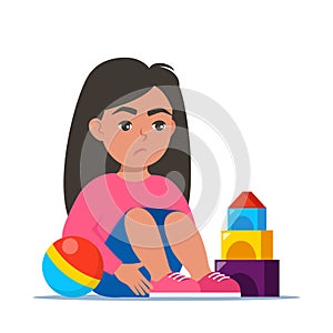 Sad girl sitting on floor surrounded by toys. Autism, child stress, mental disorder, anxiety, depression, stress, headache. Vector