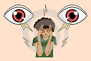 Sad girl suffers from bullying and stalkers. Young woman surrounded by big eyes, feels helpless and stressed. Vector illustration photo