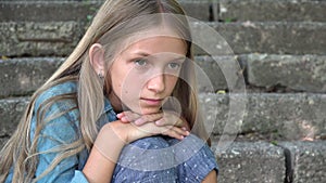 Sad Girl, Unhappy Kid, Thoughtful Bullied Teenager Child Outdoor in Park, Children Sadness, Depression Portrait of Adolescents