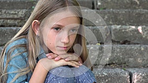 Sad Girl, Unhappy Kid, Thoughtful Bullied Teenager Child Outdoor in Park, Children Sadness, Depression Portrait of Adolescents