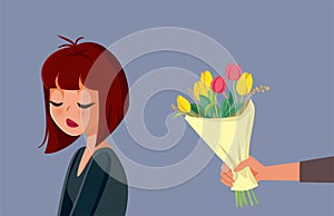 Sad Girlfriend Receiving Flowers and Apologies Vector Illustration