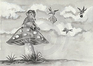 Sad Gnome on a mushroom, handpainted black and white watercolor childrens illustration