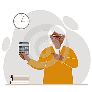 A sad grandmother holds a digital calculator in his hand and gestures, pointing with the finger of his other hand to the