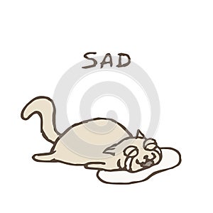 Sad gray cat Tik lies in tears. Vector illustration