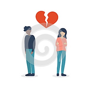 Sad guy and girl near a broken heart