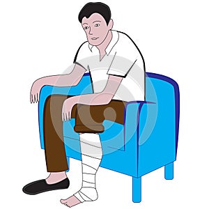 A sad guy sits in a chair with a broken left leg.