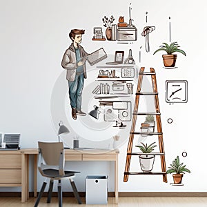 Sad handiman at work. Mess during renovation. Funny illustration photo