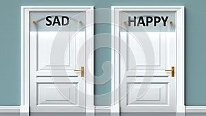 Sad and happy as a choice - pictured as words Sad, happy on doors to show that Sad and happy are opposite options while making