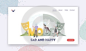 Sad and Happy Landing Page Template. Men and Women Wear Mask Express Opposite Good or Bad Mood Emotions